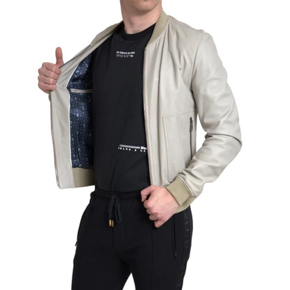 Dolce Gabbana Cream Leather Bomber Jacket Perfection &