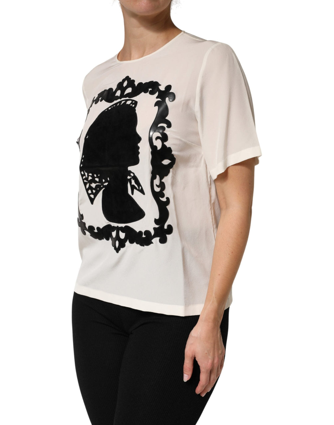Dolce &amp; Gabbana Blouses - Women’s Cream Silk Silhouette Detail Short Sleeve Top