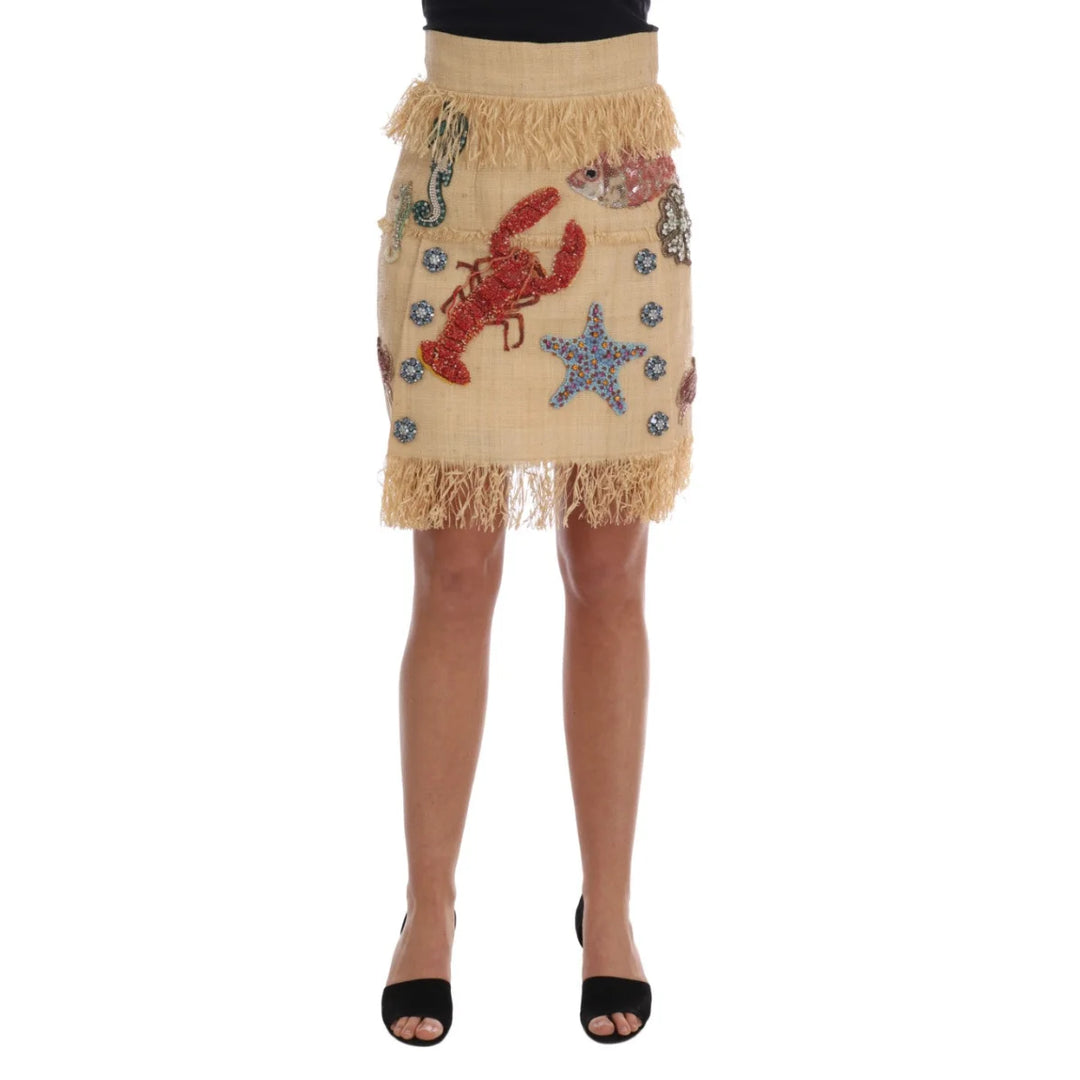 Dolce & Gabbana Crystal Beige Palm Fiber Skirt
