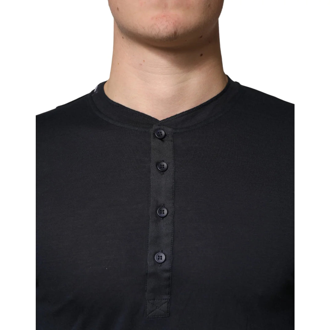 Dolce &amp; Gabbana Dark Blue Cotton Henley Long Sleeves T-Shirt
