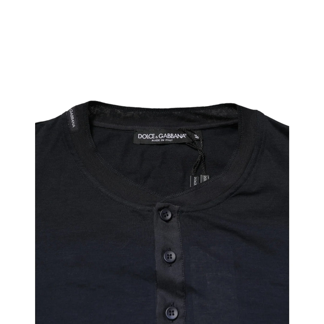 Dolce &amp; Gabbana Dark Blue Cotton Henley Long Sleeves T-Shirt