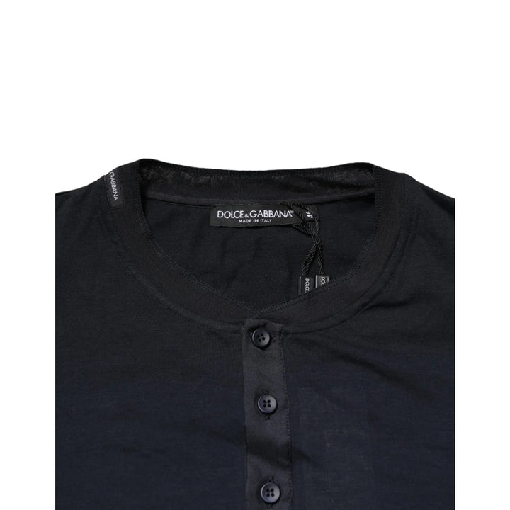 Dolce &amp; Gabbana Dark Blue Cotton Henley Long Sleeves T-Shirt