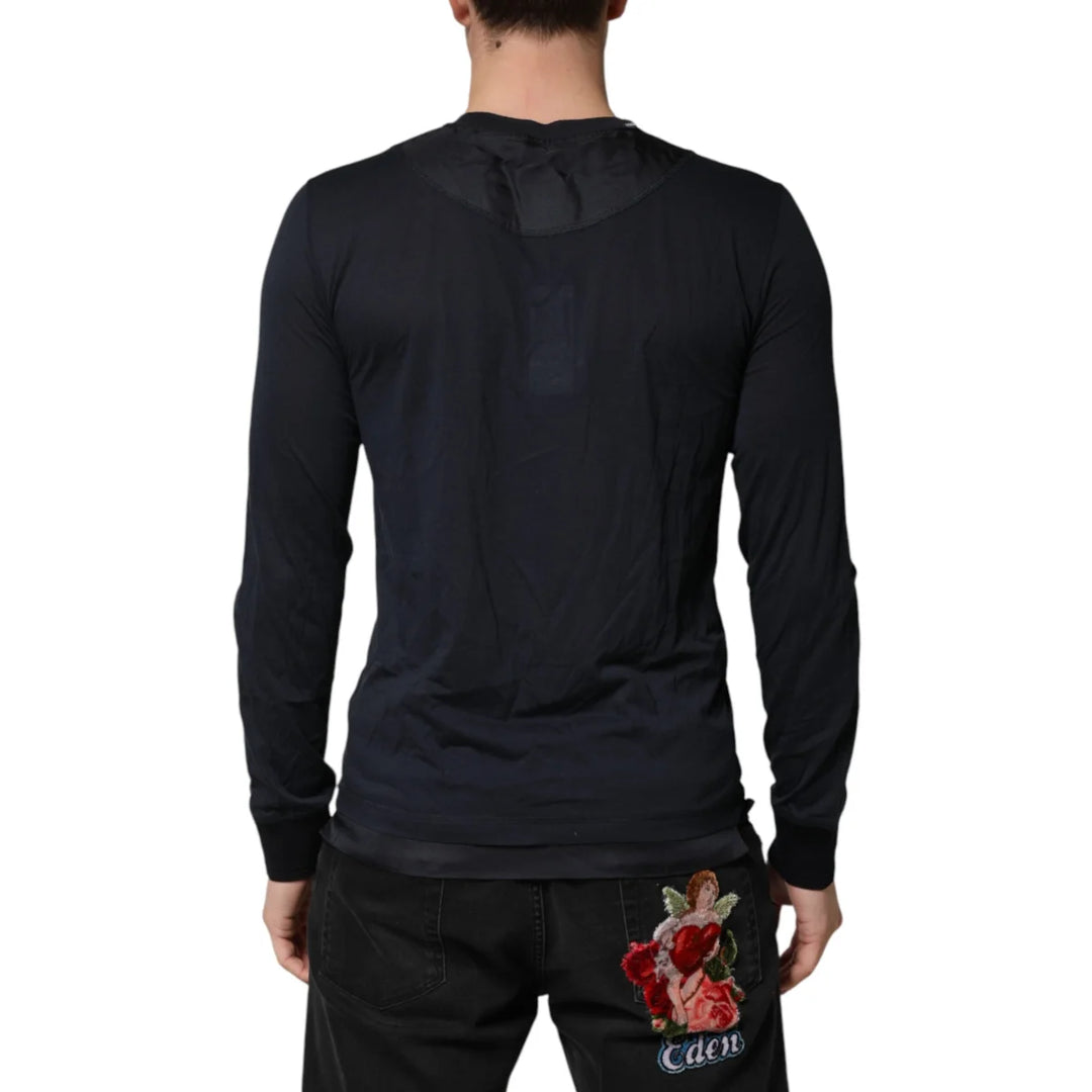 Dolce &amp; Gabbana Dark Blue Cotton Henley Long Sleeves T-Shirt