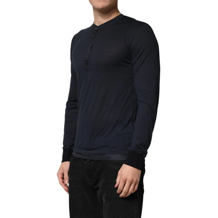 Dolce &amp; Gabbana Dark Blue Cotton Henley Long Sleeves T-Shirt