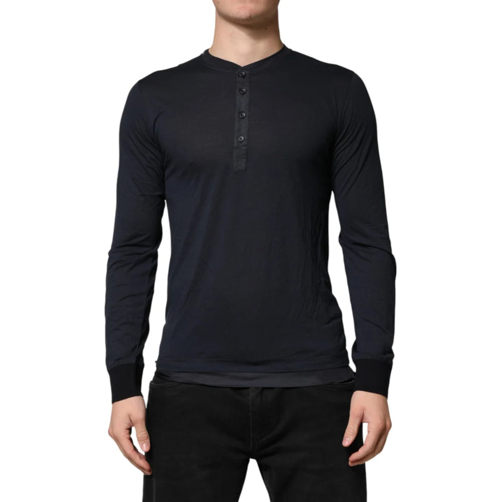 Dolce & Gabbana Dark Blue Cotton Henley Long Sleeves T-Shirt