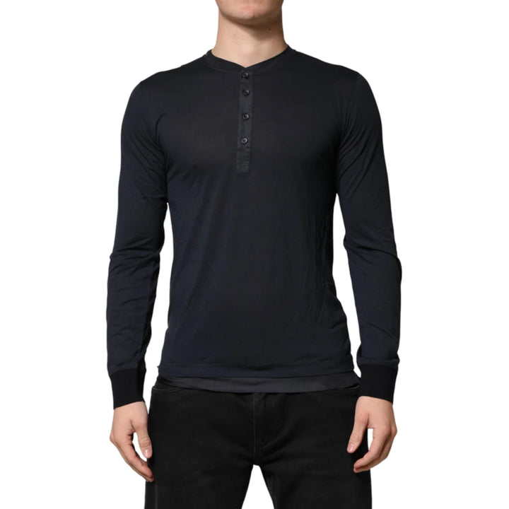 Dolce &amp; Gabbana Dark Blue Cotton Henley Long Sleeves T-Shirt