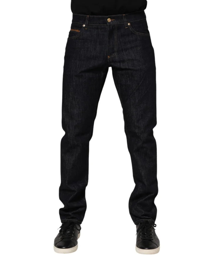 Dolce &amp; Gabbana Dark Blue Cotton Logo Plaque Men Denim Jeans