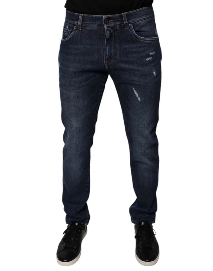 Dolce &amp; Gabbana Dark Blue Cotton Logo Skinny Denim Jeans