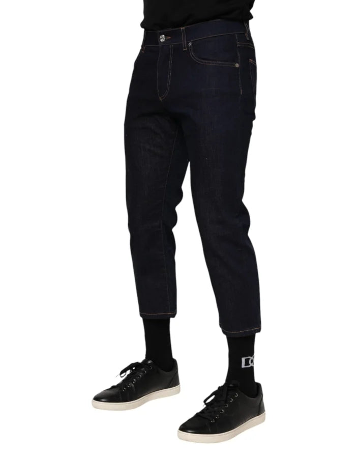 Dolce &amp; Gabbana Dark Blue Cotton Logo Slim Fit Men Denim Jeans