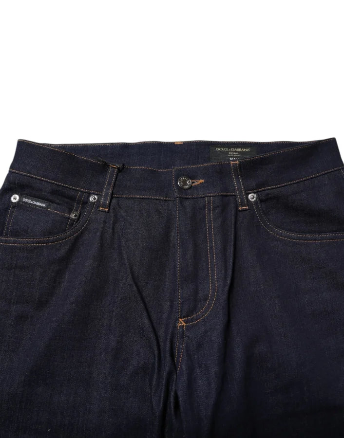 Dolce &amp; Gabbana Dark Blue Cotton Logo Slim Fit Men Denim Jeans