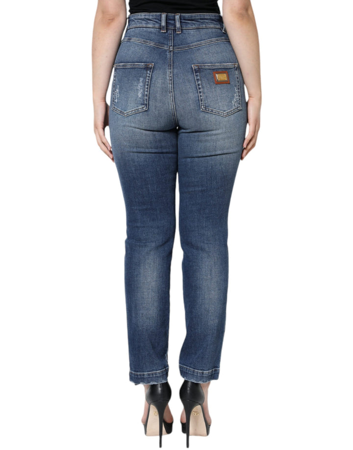 Dolce &amp; Gabbana Dark Blue Cotton Tattered Skinny Denim Jeans