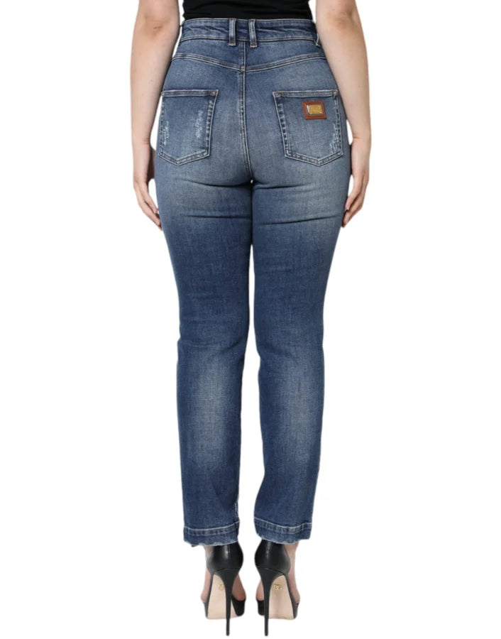 Dolce &amp; Gabbana Dark Blue Cotton Tattered Skinny Denim Jeans