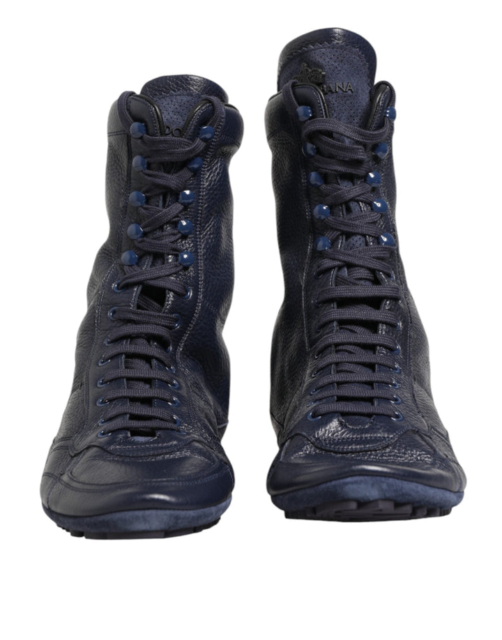 Dolce &amp; Gabbana Dark Blue Deer Leather Mid Calf Boots Shoes