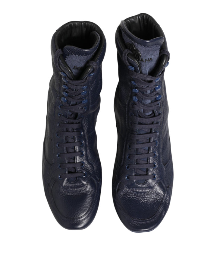 Dolce &amp; Gabbana Dark Blue Deer Leather Mid Calf Boots Shoes