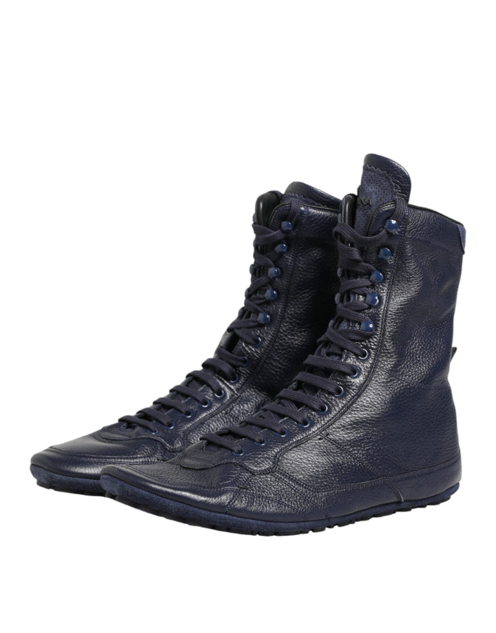 Dolce &amp; Gabbana Dark Blue Deer Leather Mid Calf Boots Shoes