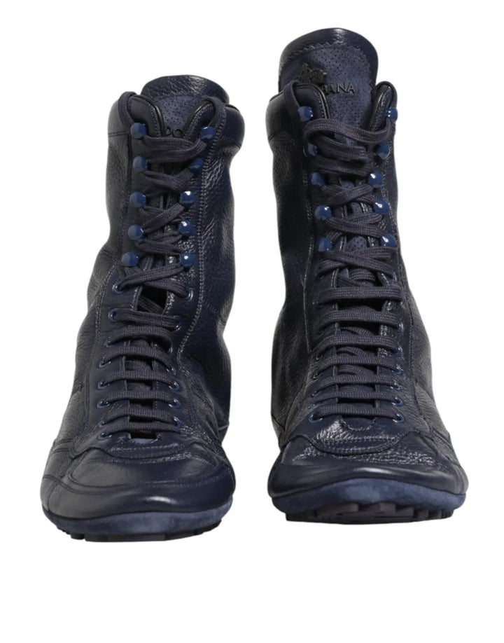 Dolce &amp; Gabbana Dark Blue Deer Leather Mid Calf Boots Shoes