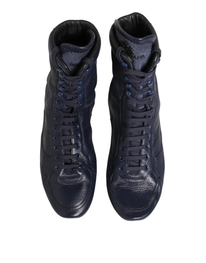 Dolce &amp; Gabbana Dark Blue Deer Leather Mid Calf Boots Shoes