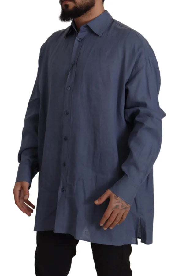 Dolce &amp; Gabbana Dark Blue Linen Slim Fit Dress Formal Men Shirt