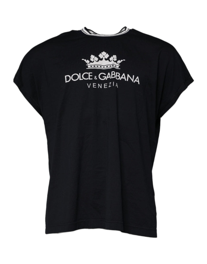 Dolce &amp; Gabbana Dark Blue Logo Crown Cotton Crew Neck T-shirt