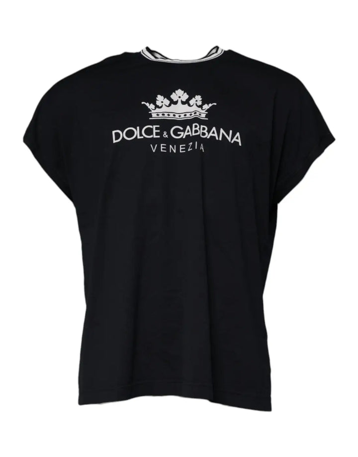 Dolce &amp; Gabbana Dark Blue Logo Crown Cotton Crew Neck T-shirt