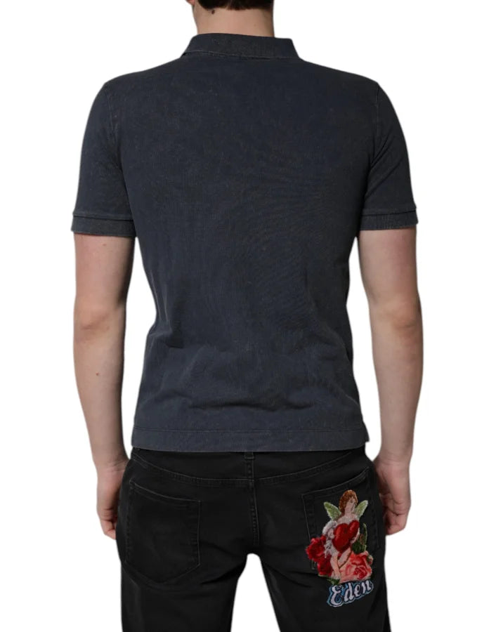 Dolce &amp; Gabbana Dark Blue Logo Plaque Cotton Men Polo Shirt T-shirt