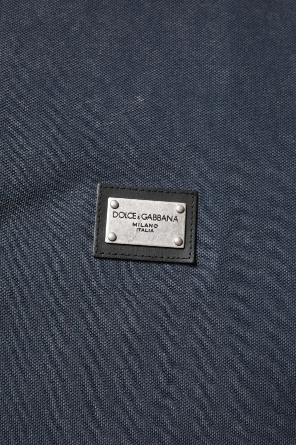 Dolce &amp; Gabbana Dark Blue Logo Plaque Cotton Men Polo Shirt T-shirt