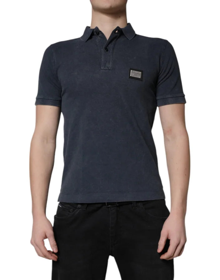 Dolce &amp; Gabbana Dark Blue Logo Plaque Cotton Men Polo Shirt T-shirt