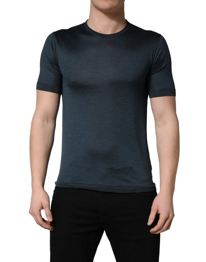Dolce &amp; Gabbana Dark Blue Silk Crew Neck Short Sleeve T-shirt