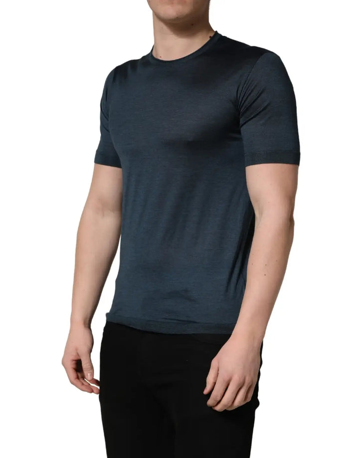 Dolce &amp; Gabbana Dark Blue Silk Crew Neck Short Sleeve T-shirt