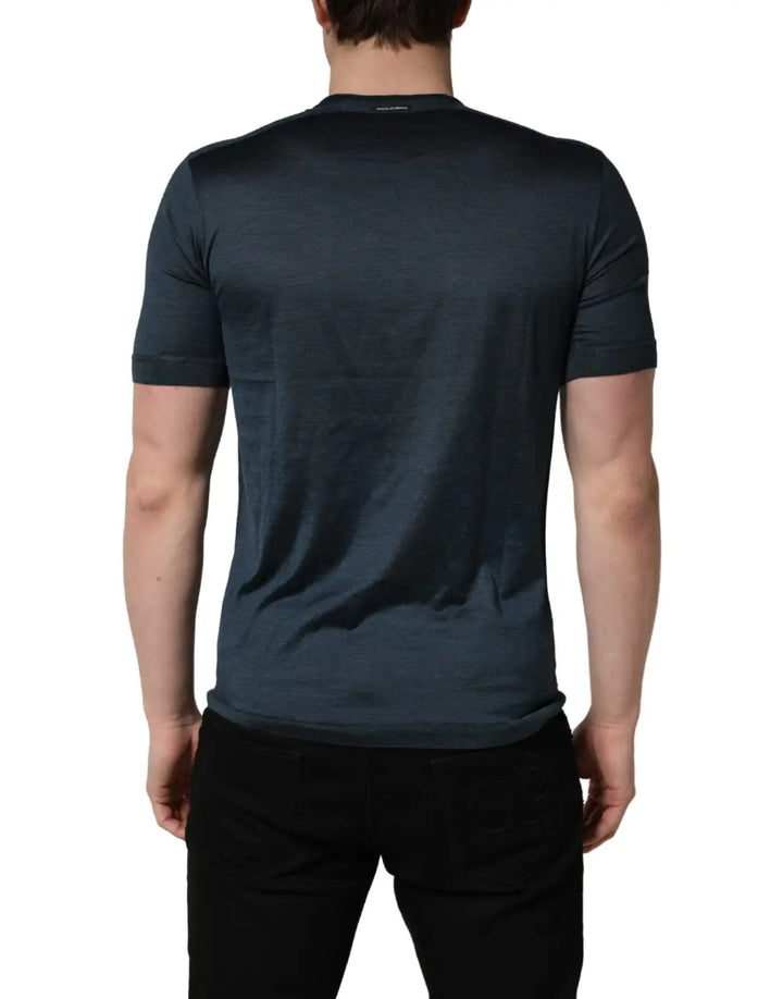 Dolce &amp; Gabbana Dark Blue Silk Crew Neck Short Sleeve T-shirt