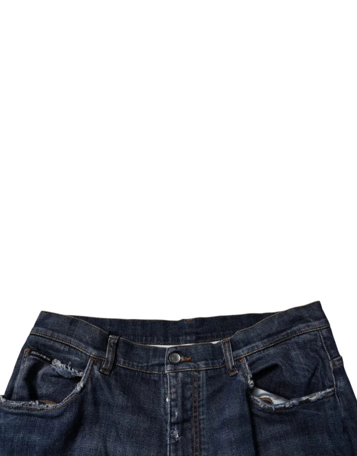 Dolce &amp; Gabbana Dark Blue Tattered Wide Leg Men Denim Jeans