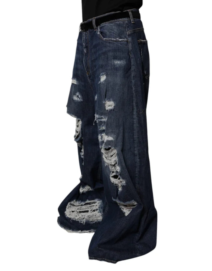 Dolce &amp; Gabbana Dark Blue Tattered Wide Leg Men Denim Jeans