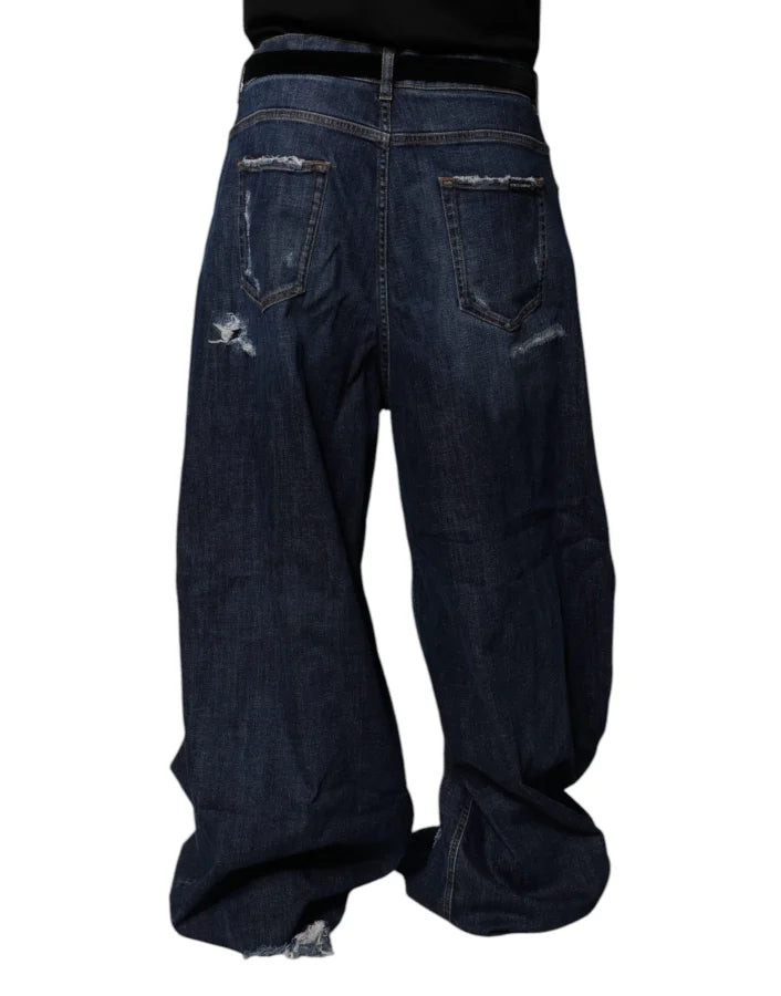 Dolce &amp; Gabbana Dark Blue Tattered Wide Leg Men Denim Jeans