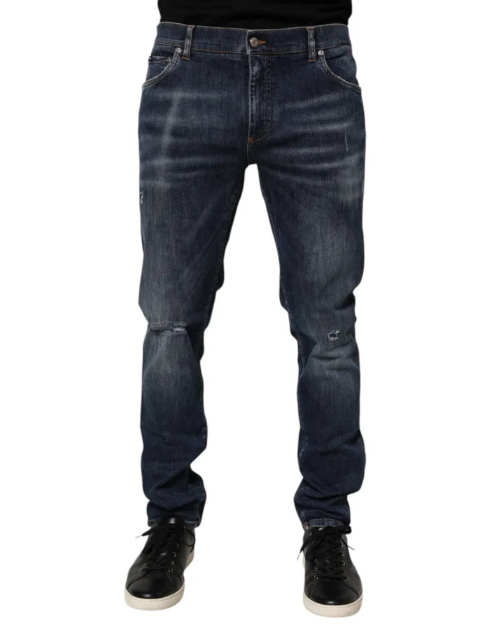 Dolce &amp; Gabbana Dark Blue Washed Running Ripped Denim Jeans