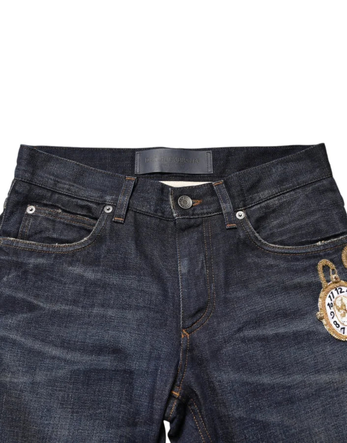 Dolce &amp; Gabbana Dark Blue Watch GOLD Men Skinny Denim Jeans