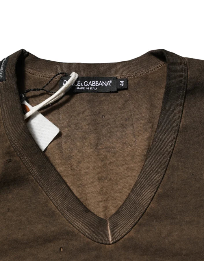 Dolce &amp; Gabbana Dark Brown Cotton Tattered Logo Men T-shirt