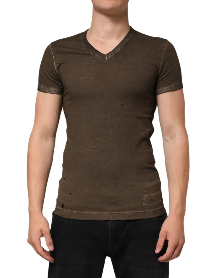 Dolce &amp; Gabbana Dark Brown Cotton Tattered Logo Men T-shirt