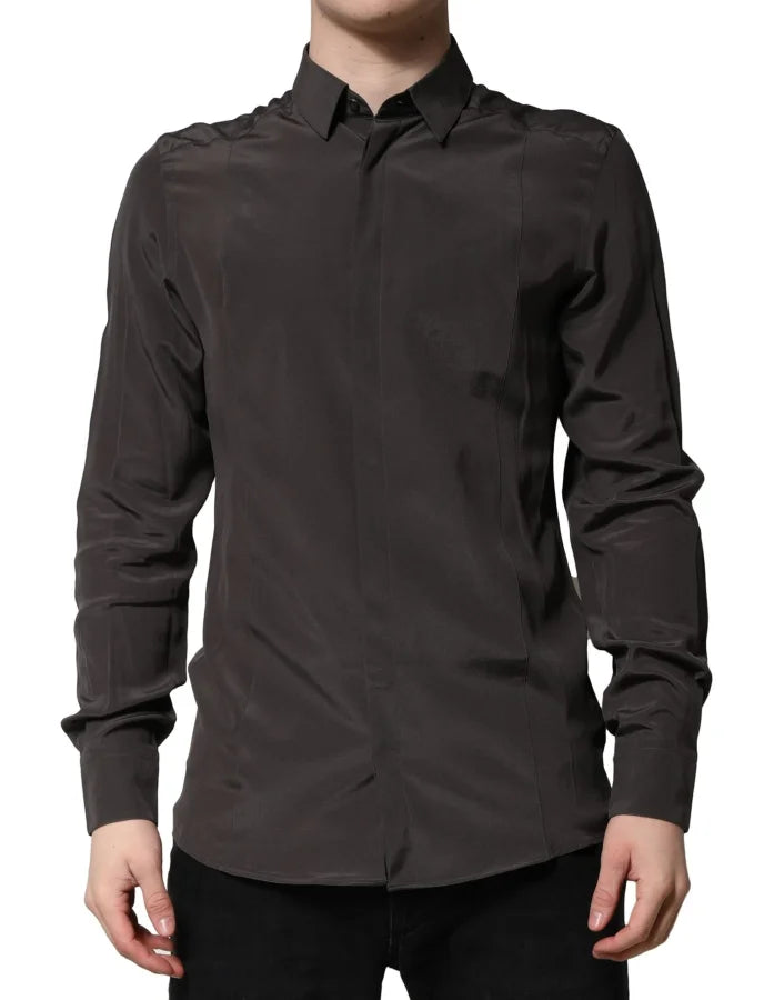 Dolce &amp; Gabbana Dark Brown Silk GOLD Men Dress Formal Shirt