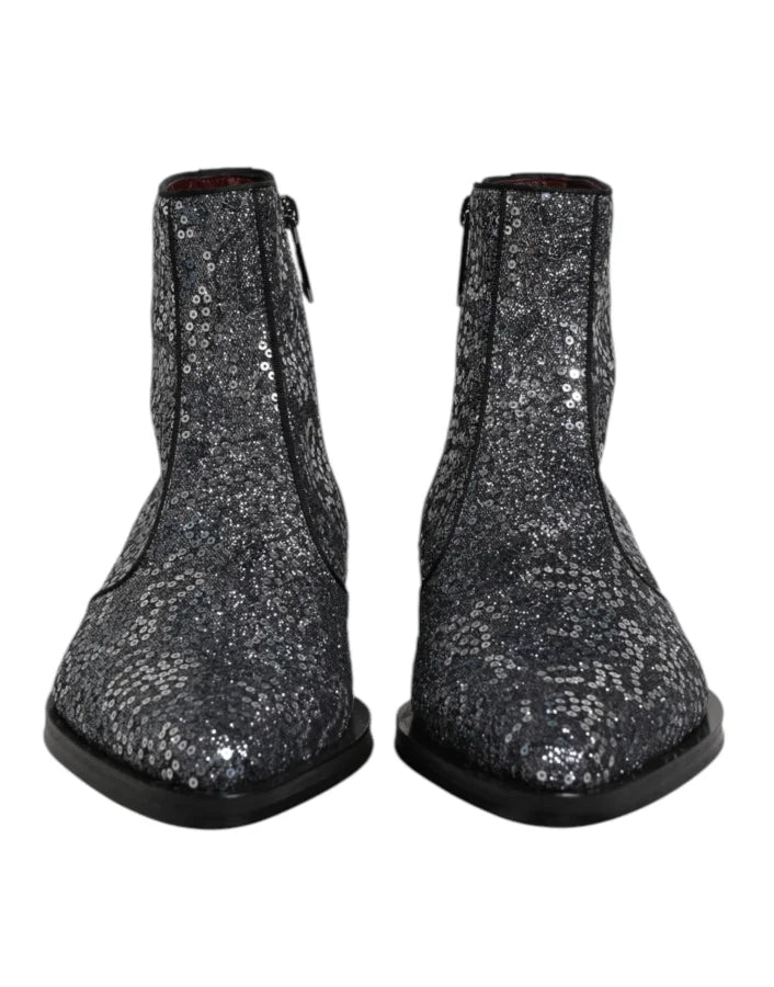 Dolce &amp; Gabbana Dark Gray Cotton Sequined Chelsea Boots Shoes