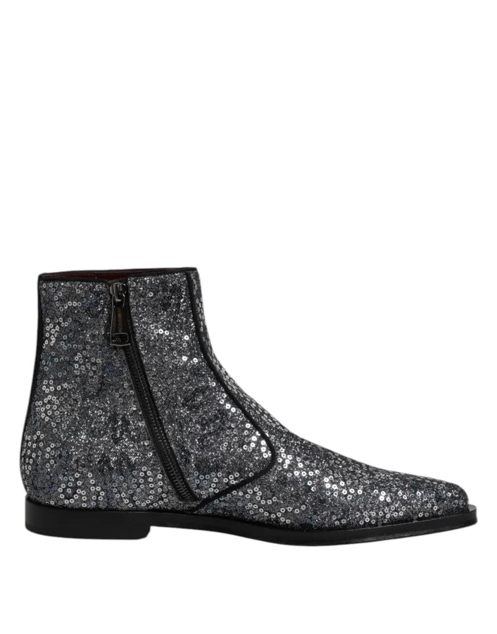 Dolce &amp; Gabbana Dark Gray Cotton Sequined Chelsea Boots Shoes