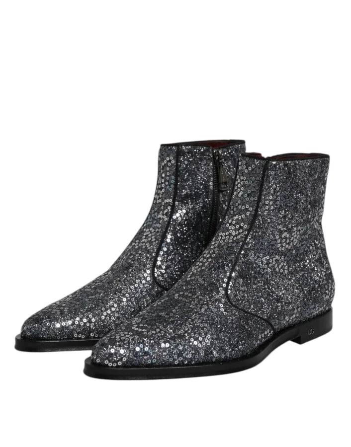 Dolce &amp; Gabbana Dark Gray Cotton Sequined Chelsea Boots Shoes