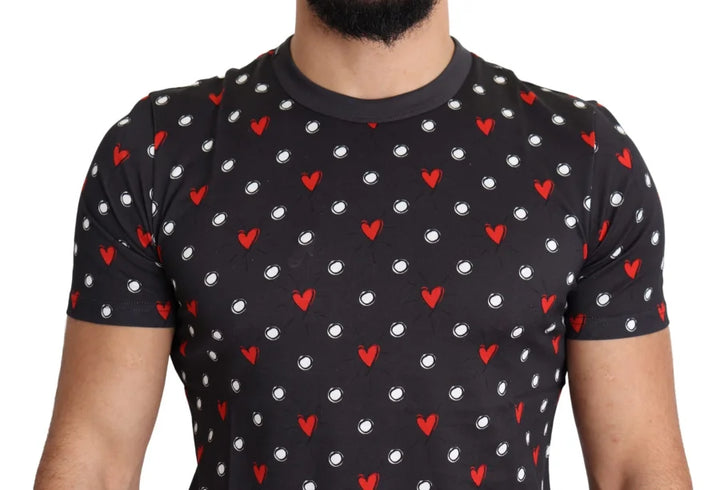 Dolce &amp; Gabbana Dark Gray Hearts Print Cotton Men T-shirt