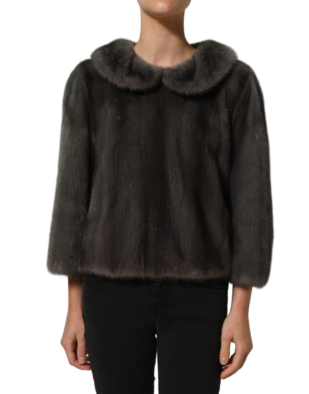 Dolce &amp; Gabbana Blouses - Women’s Dark Gray Mink Fur Round Collar Blouse Top