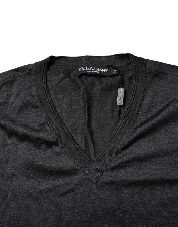 Dolce &amp; Gabbana Dark Gray Silk V-neck Short Sleeves T-shirt