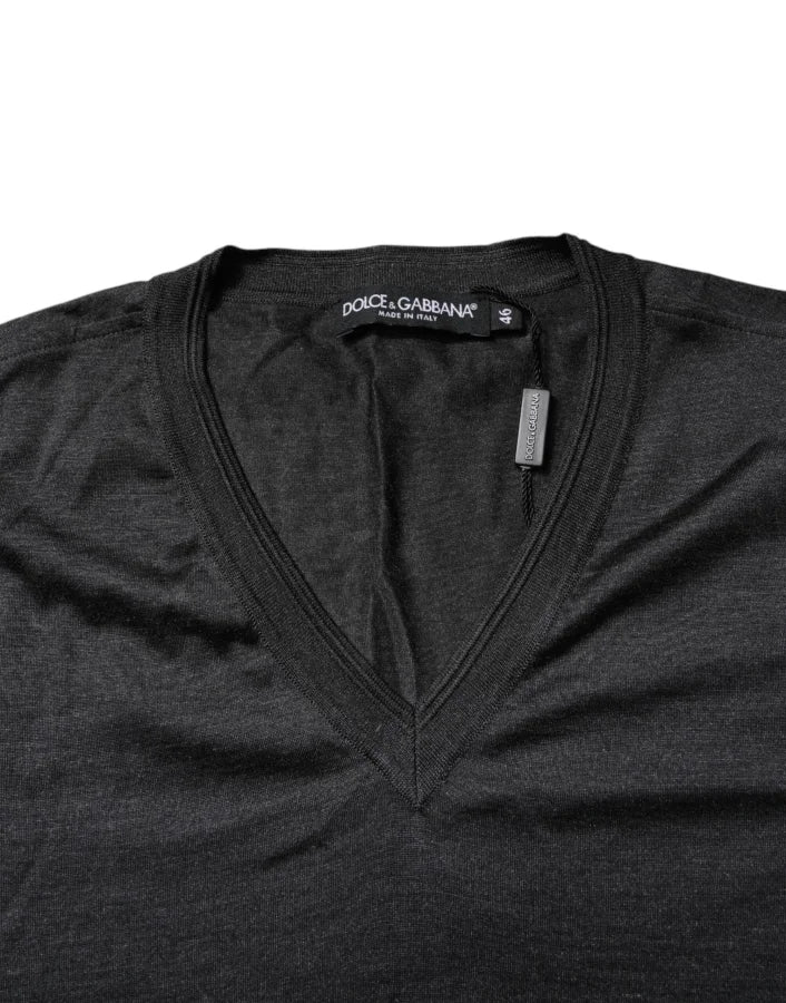 Dolce &amp; Gabbana Dark Gray Silk V-neck Short Sleeves T-shirt