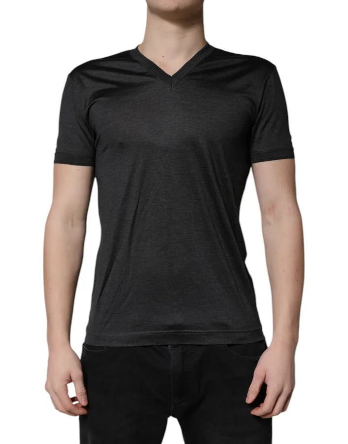 Dolce &amp; Gabbana Dark Gray Silk V-neck Short Sleeves T-shirt