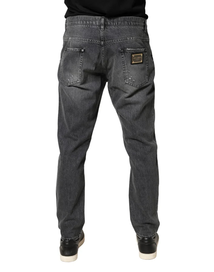 Dolce &amp; Gabbana Dark Gray Tattered Cotton Loose Denim Jeans