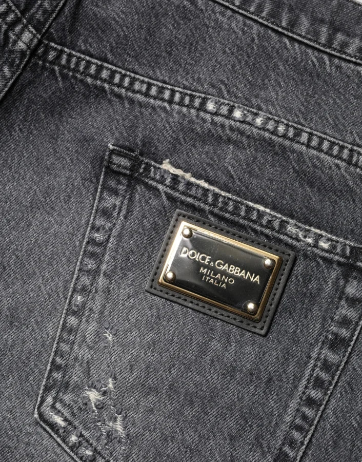 Dolce &amp; Gabbana Dark Gray Tattered Cotton Loose Denim Jeans