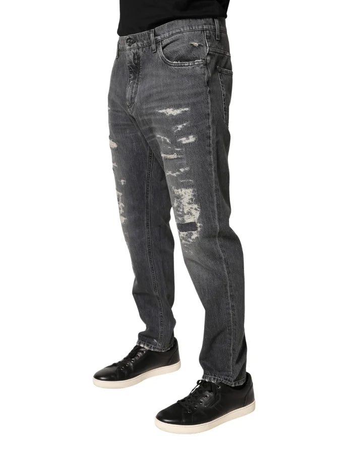 Dolce &amp; Gabbana Dark Gray Tattered Cotton Loose Denim Jeans