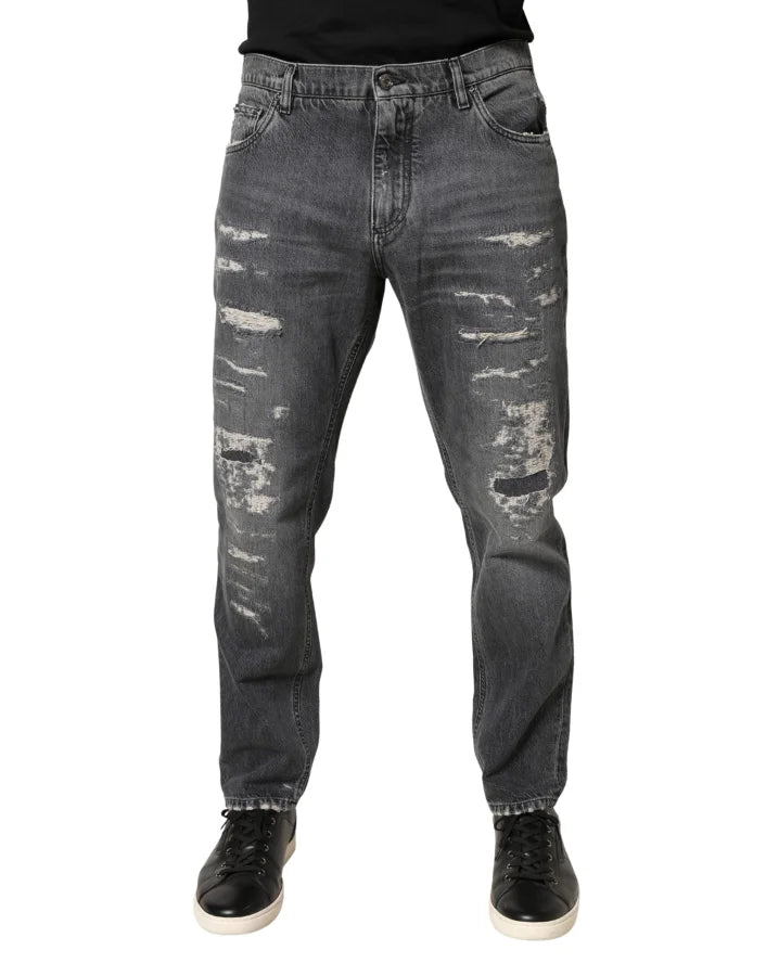 Dolce &amp; Gabbana Dark Gray Tattered Cotton Loose Denim Jeans